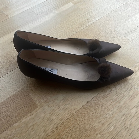 Isaac Mizrahi Brown Satin Kitten Heel, Mink Pom-Pom Embellished Pointy Toe Pumps - Picture 4 of 7